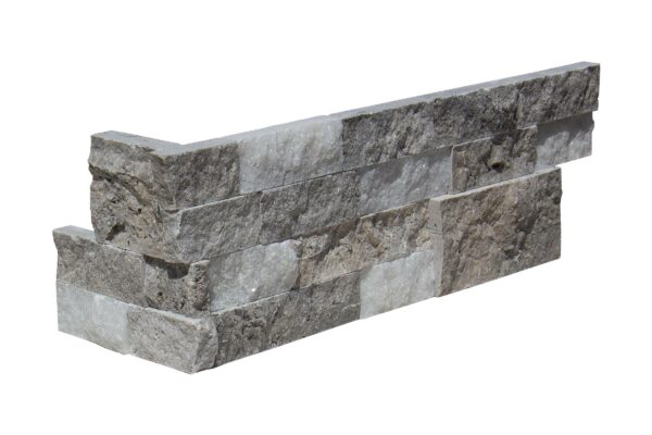 Crystal Silver White Travertine Quartz 6X18 Splitface Ledger Panel Corner